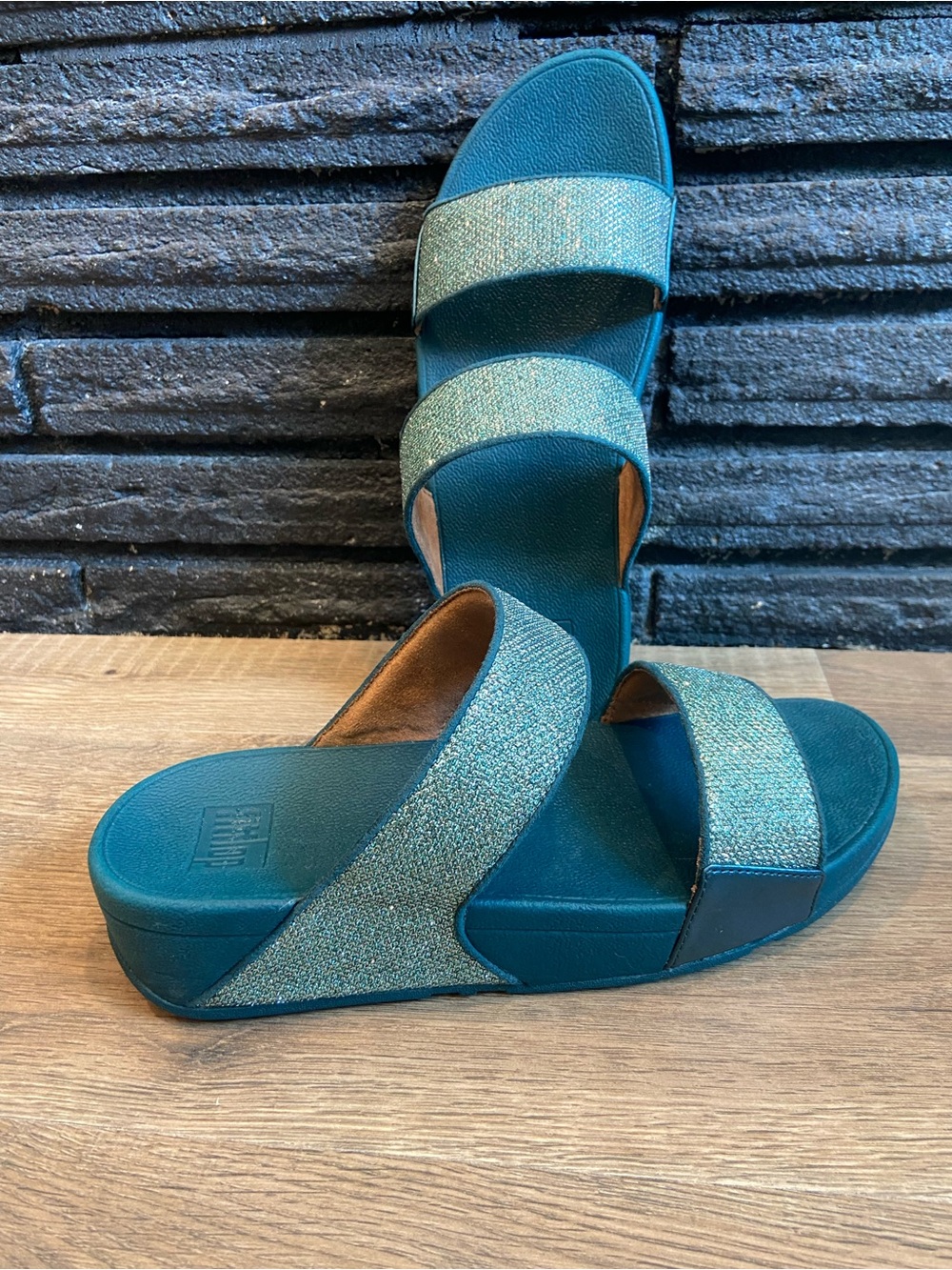 Fitflop US 9Teal Slide Sandals Sparkle Beaded Slides LuLu Bar Slides Shimmerglit